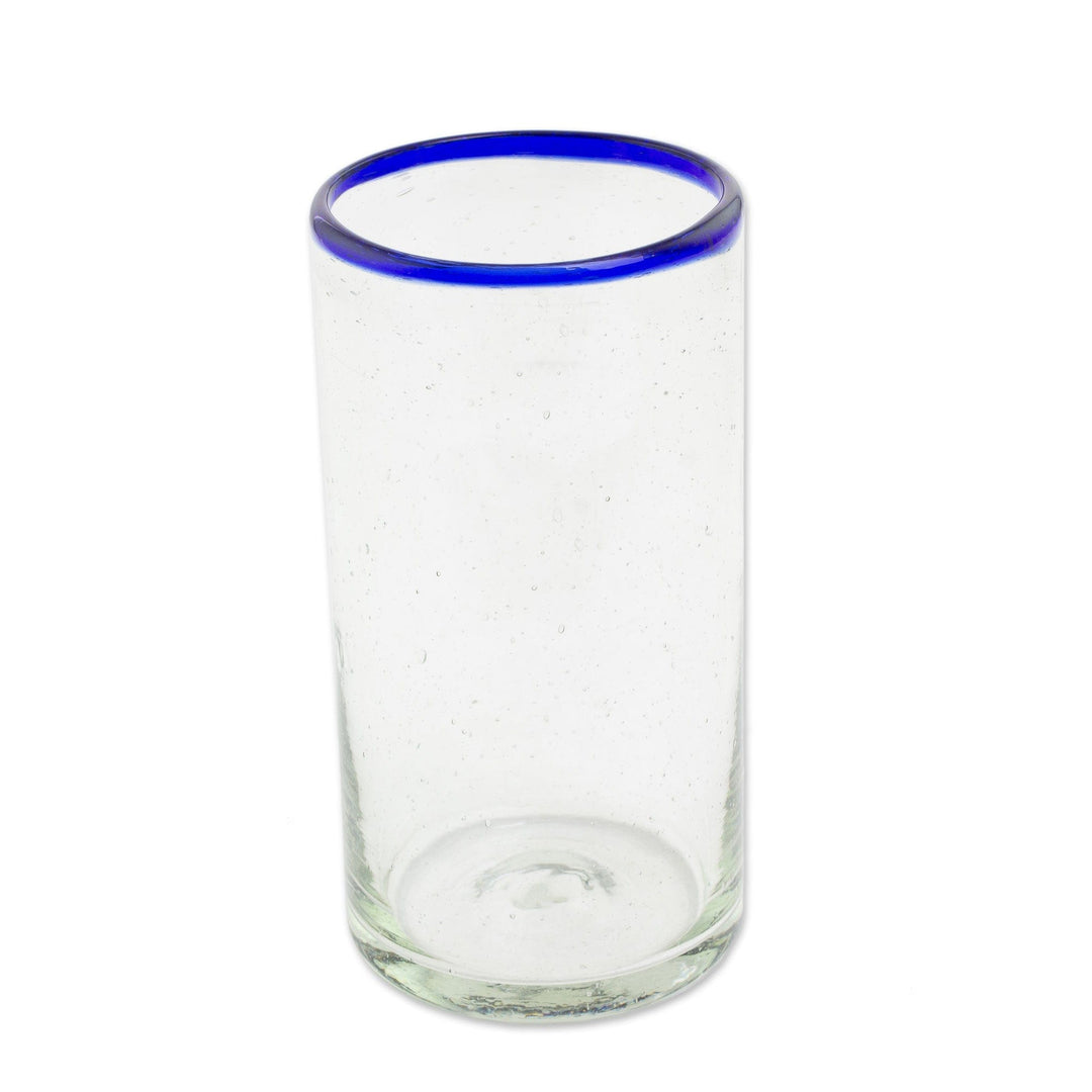Clear Blue Rim Hand Blown Recycled Glass Tumblers (Set of 4) - Clear Seas