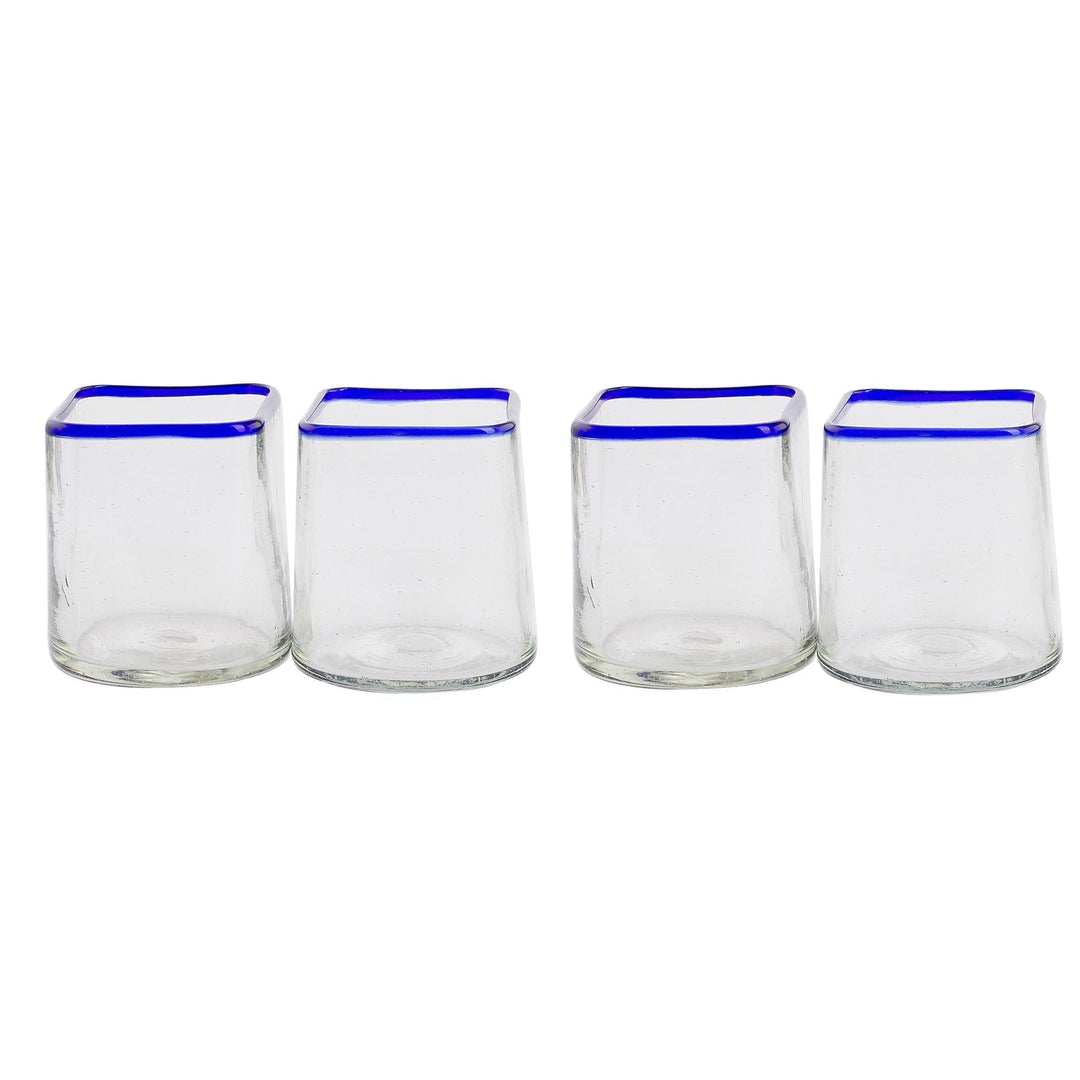 Blue-Rimmed Clear Recycled Glass Juice Glasses (Set of 4) - Lakeside