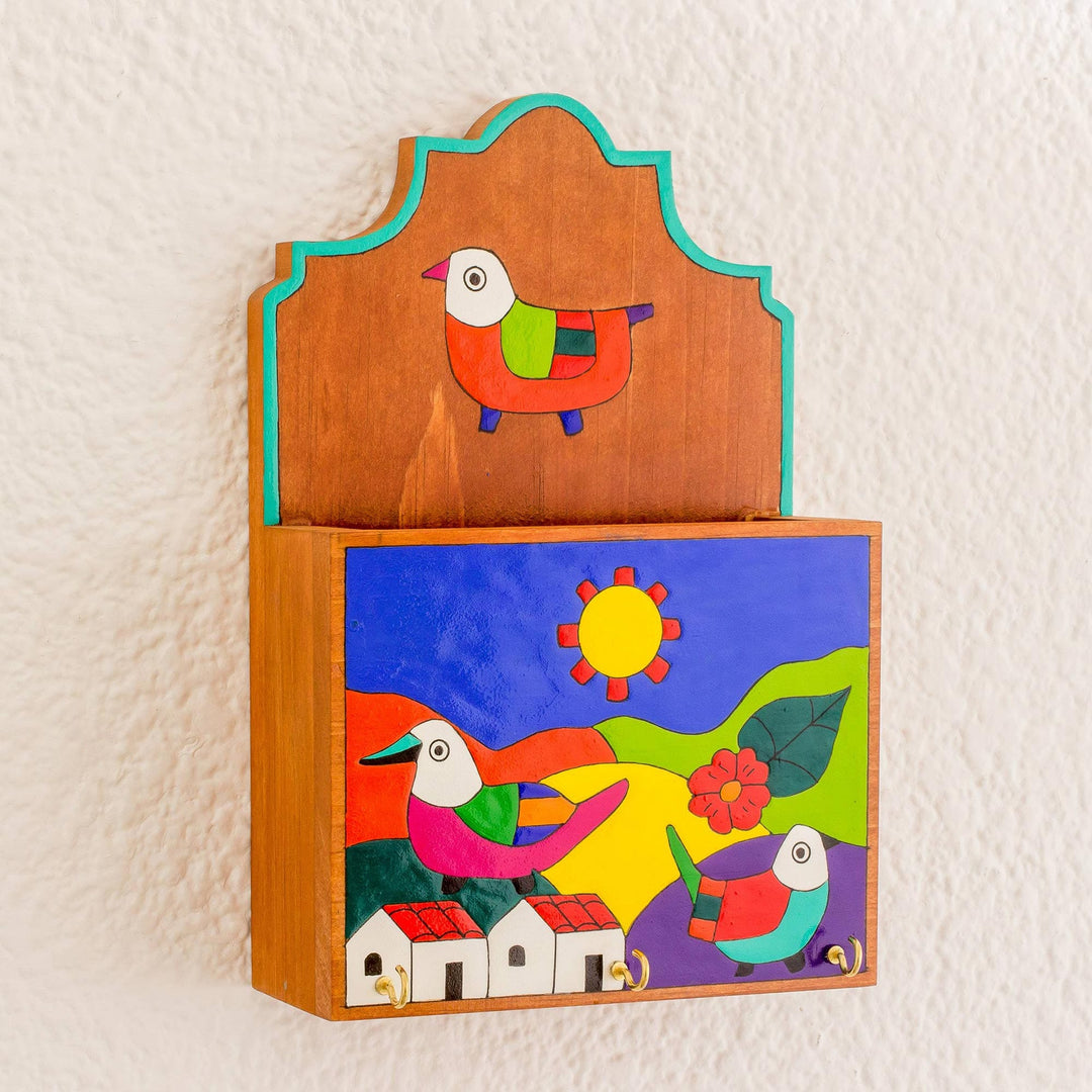 Colorful Birds in Village Pinewood Letter and Key Holder - Soaring Birds