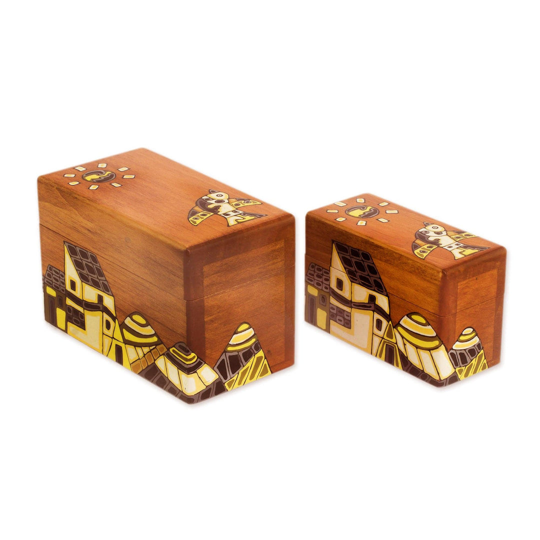 Painted Birds Over Village Rectangular Pinewood Boxes (Pair) - Over the Village