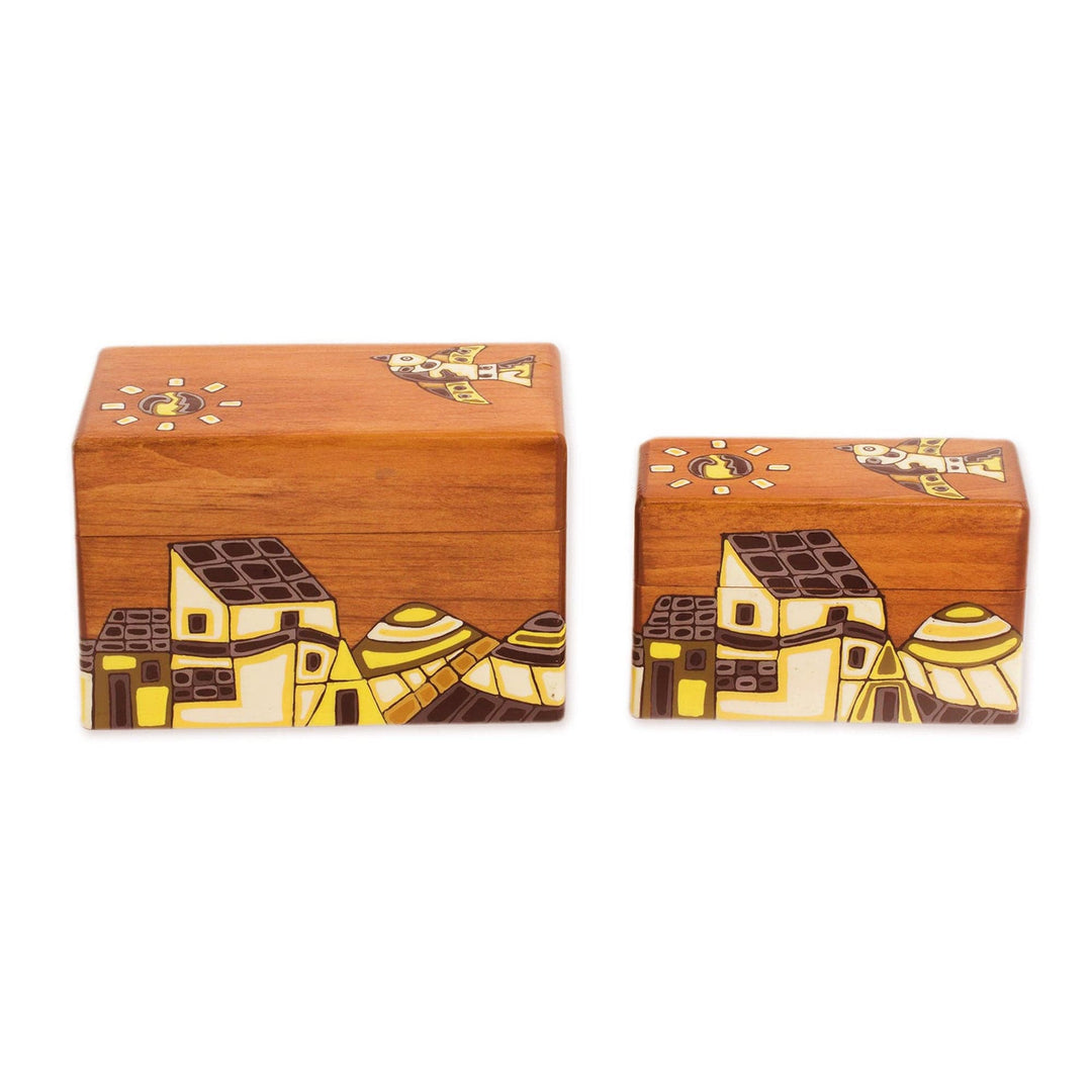 Painted Birds Over Village Rectangular Pinewood Boxes (Pair) - Over the Village