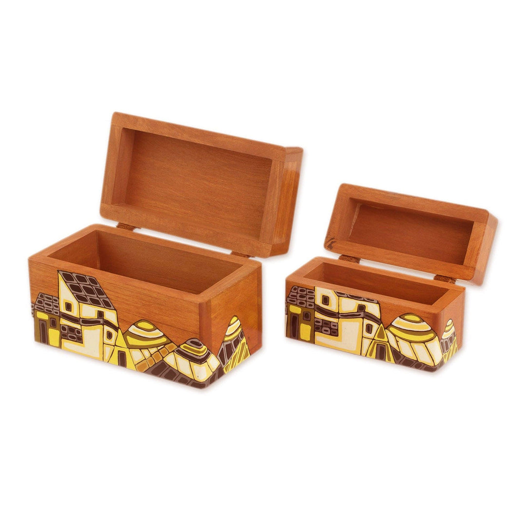 Painted Birds Over Village Rectangular Pinewood Boxes (Pair) - Over the Village
