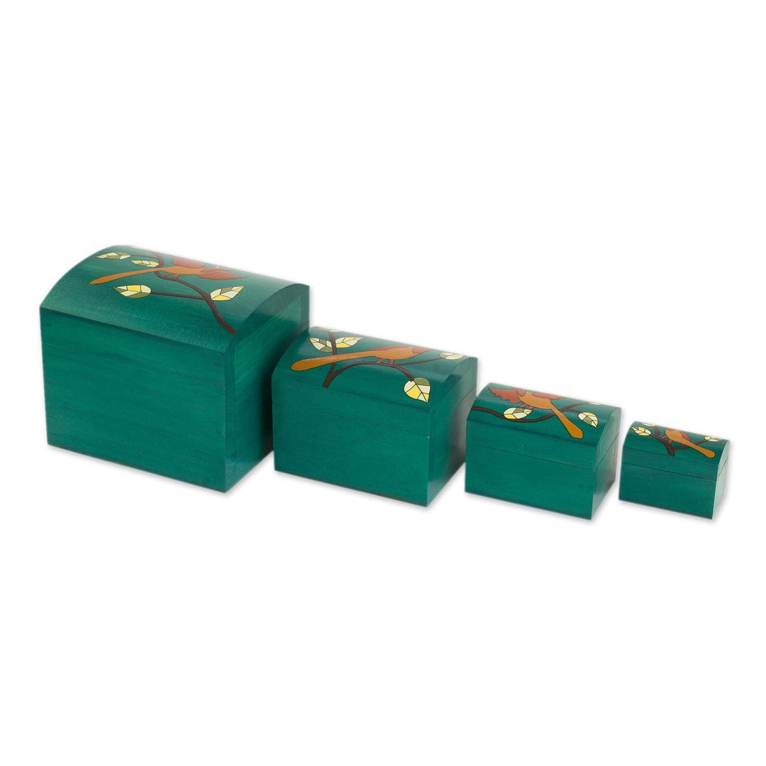 Bird Motifs Pinewood Decorative Boxes in Green (4) - Between Branches