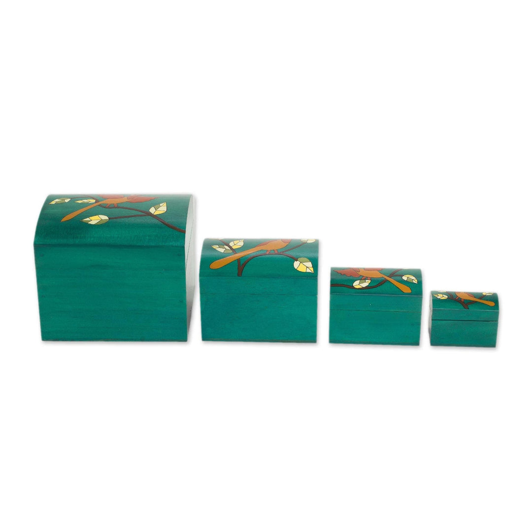 Bird Motifs Pinewood Decorative Boxes in Green (4) - Between Branches
