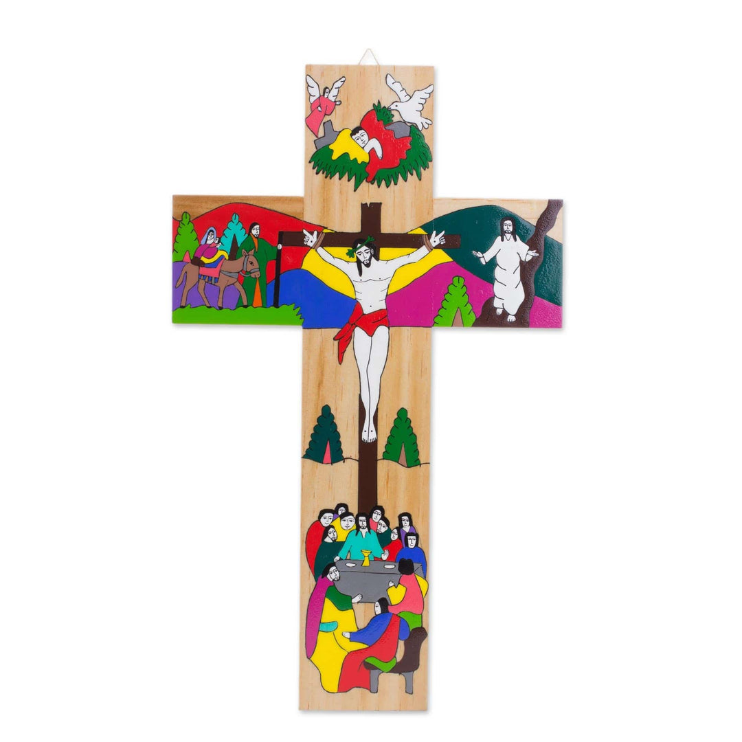 Hand-Painted Pinewood Wall Cross of Jesus from El Salvador - The Life of Jesus