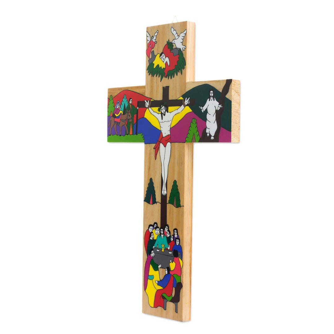 Hand-Painted Pinewood Wall Cross of Jesus from El Salvador - The Life of Jesus
