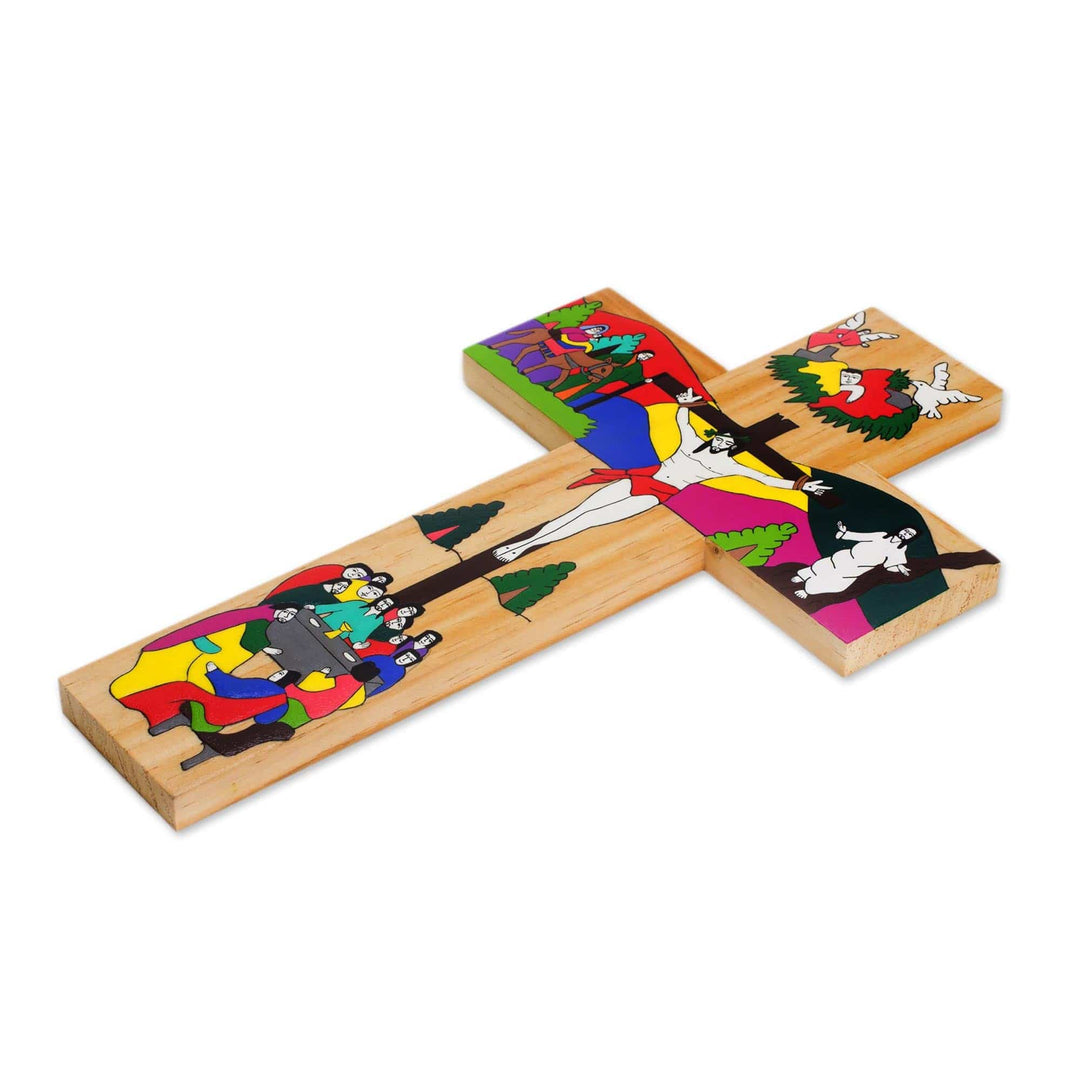 Hand-Painted Pinewood Wall Cross of Jesus from El Salvador - The Life of Jesus