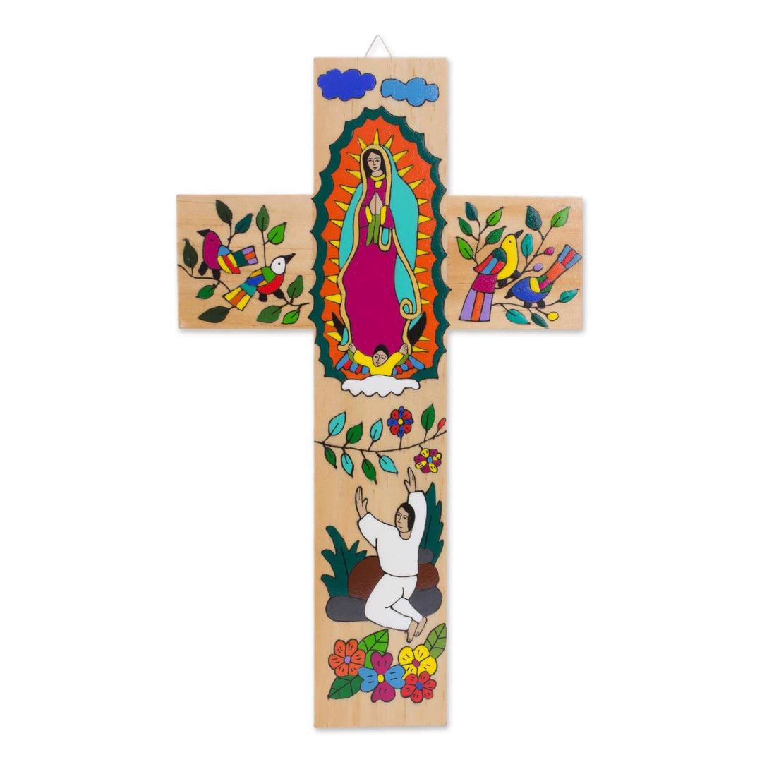 Hand-Painted Pinewood Wall Cross of Mary from El Salvador - Virgin of Guadalupe and...