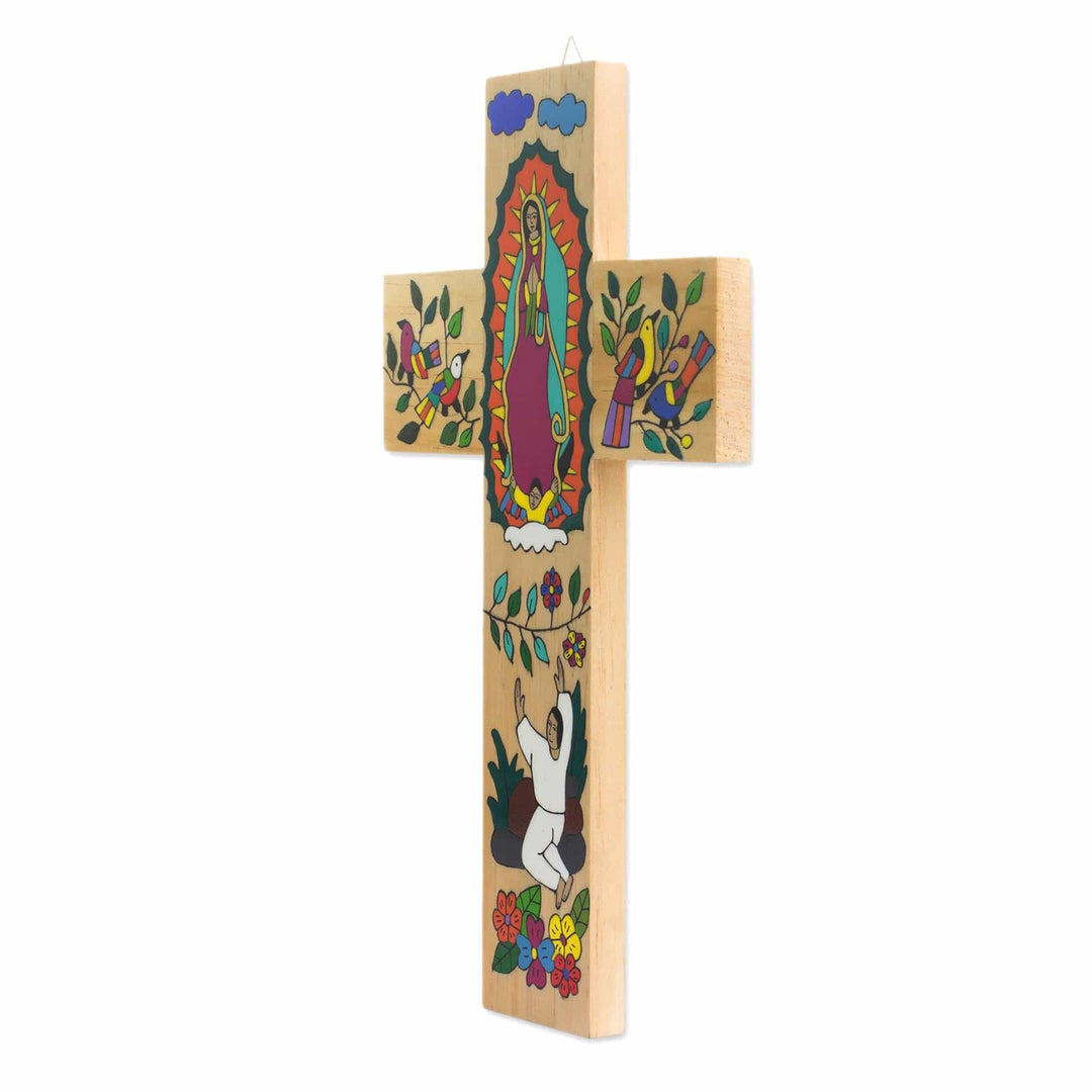Hand-Painted Pinewood Wall Cross of Mary from El Salvador - Virgin of Guadalupe and...