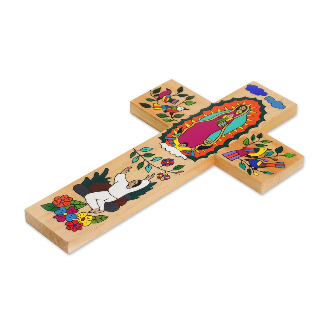 Hand-Painted Pinewood Wall Cross of Mary from El Salvador - Virgin of Guadalupe and...