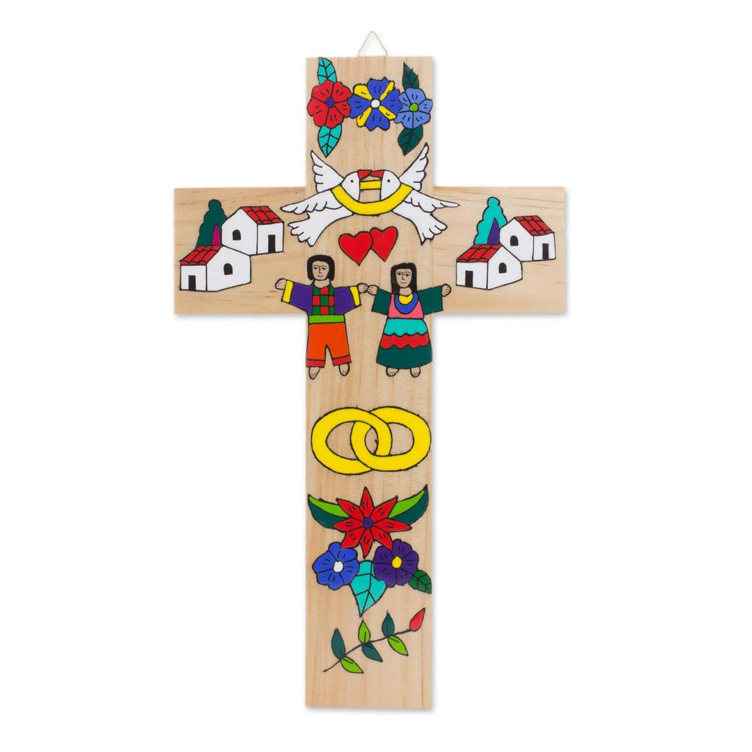 Marriage-Themed Pinewood Wall Cross from El Salvador - Sacred Union