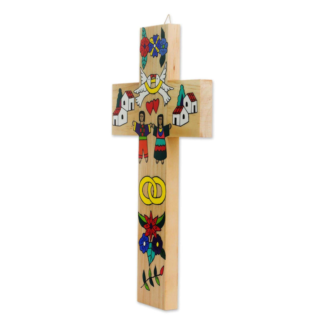 Marriage-Themed Pinewood Wall Cross from El Salvador - Sacred Union