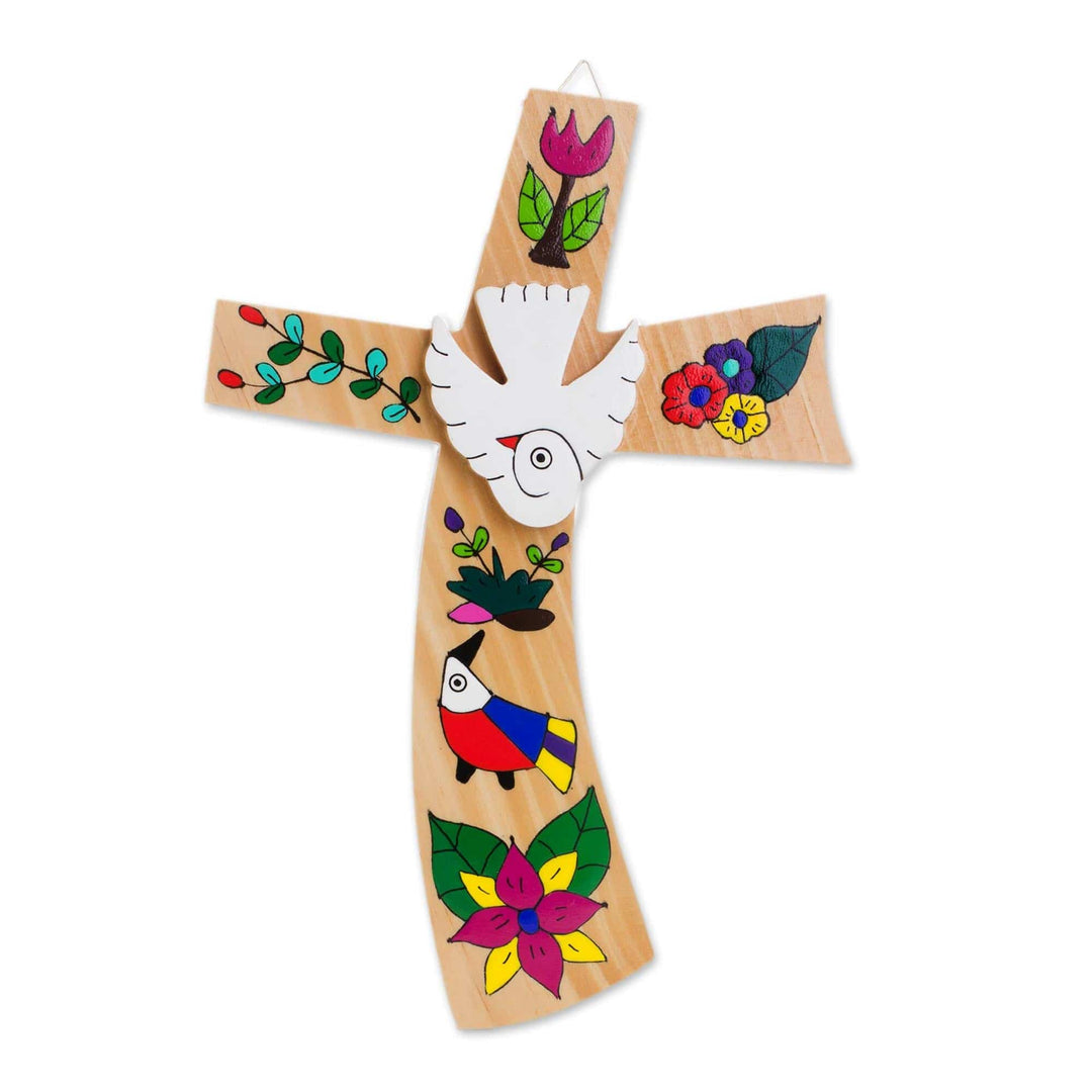 Bird Motif Pinewood Wall Cross - Beauty and Purity