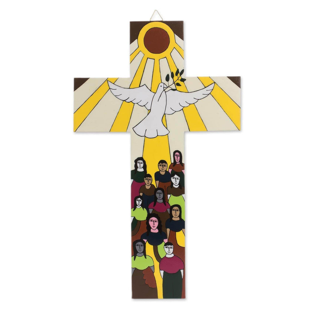 Hand-Painted Pinewood Wall Cross with a Dove of Peace - Bird of Hope