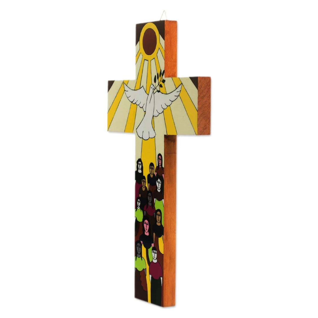 Hand-Painted Pinewood Wall Cross with a Dove of Peace - Bird of Hope