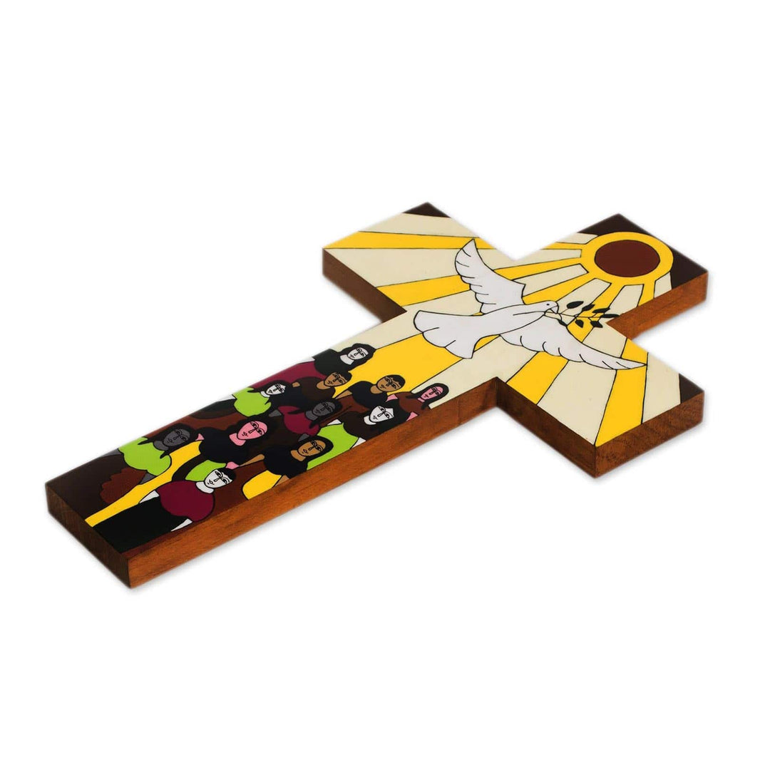 Hand-Painted Pinewood Wall Cross with a Dove of Peace - Bird of Hope