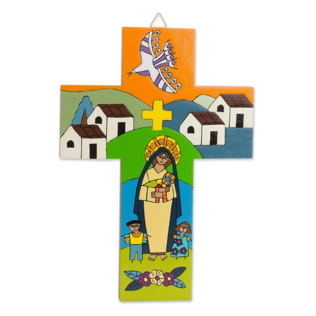 Pinewood Wall Cross of Mary and Jesus - Loving Virgin
