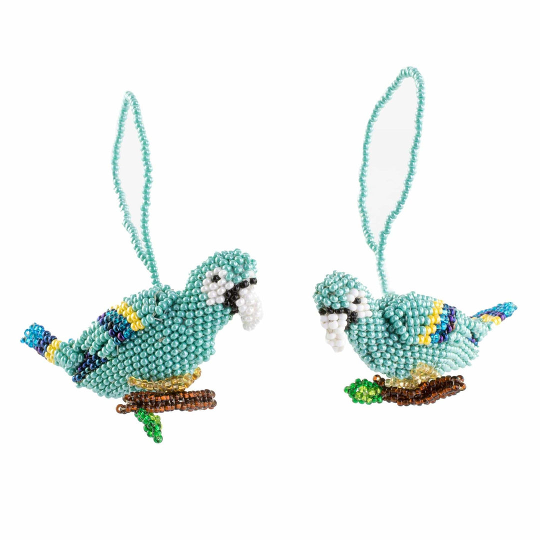 Glass Beaded Blue Macaw Ornaments from Guatemala (Pair) - Blue Macaws