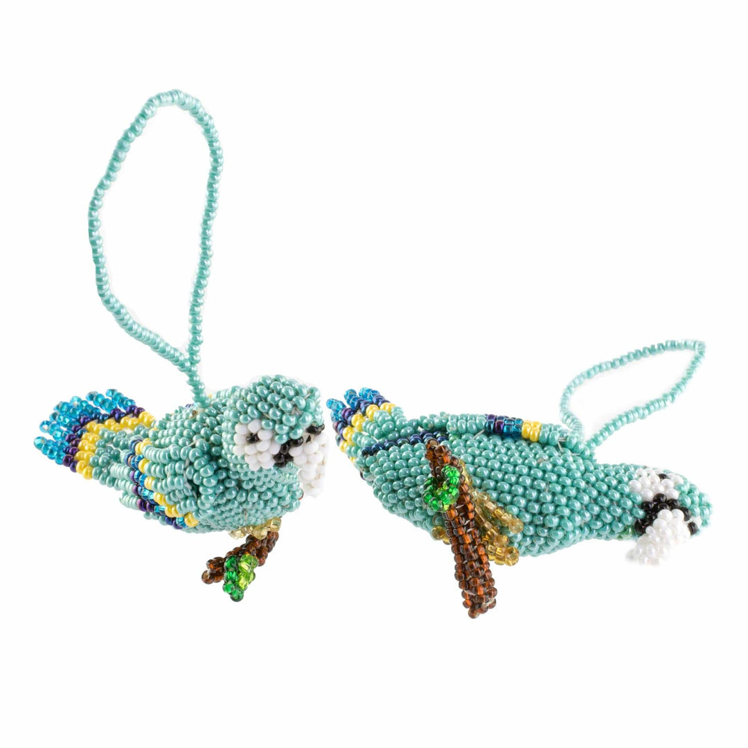 Glass Beaded Blue Macaw Ornaments from Guatemala (Pair) - Blue Macaws