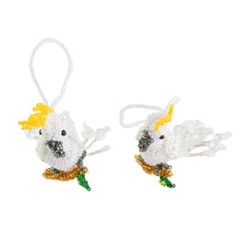 Glass Beaded White Cockatoo Ornaments from Guatemala (Pair) - White Cockatoos