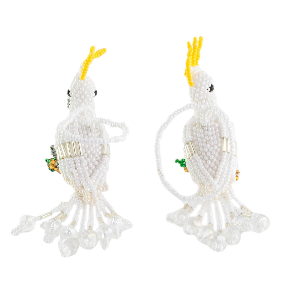 Glass Beaded White Cockatoo Ornaments from Guatemala (Pair) - White Cockatoos