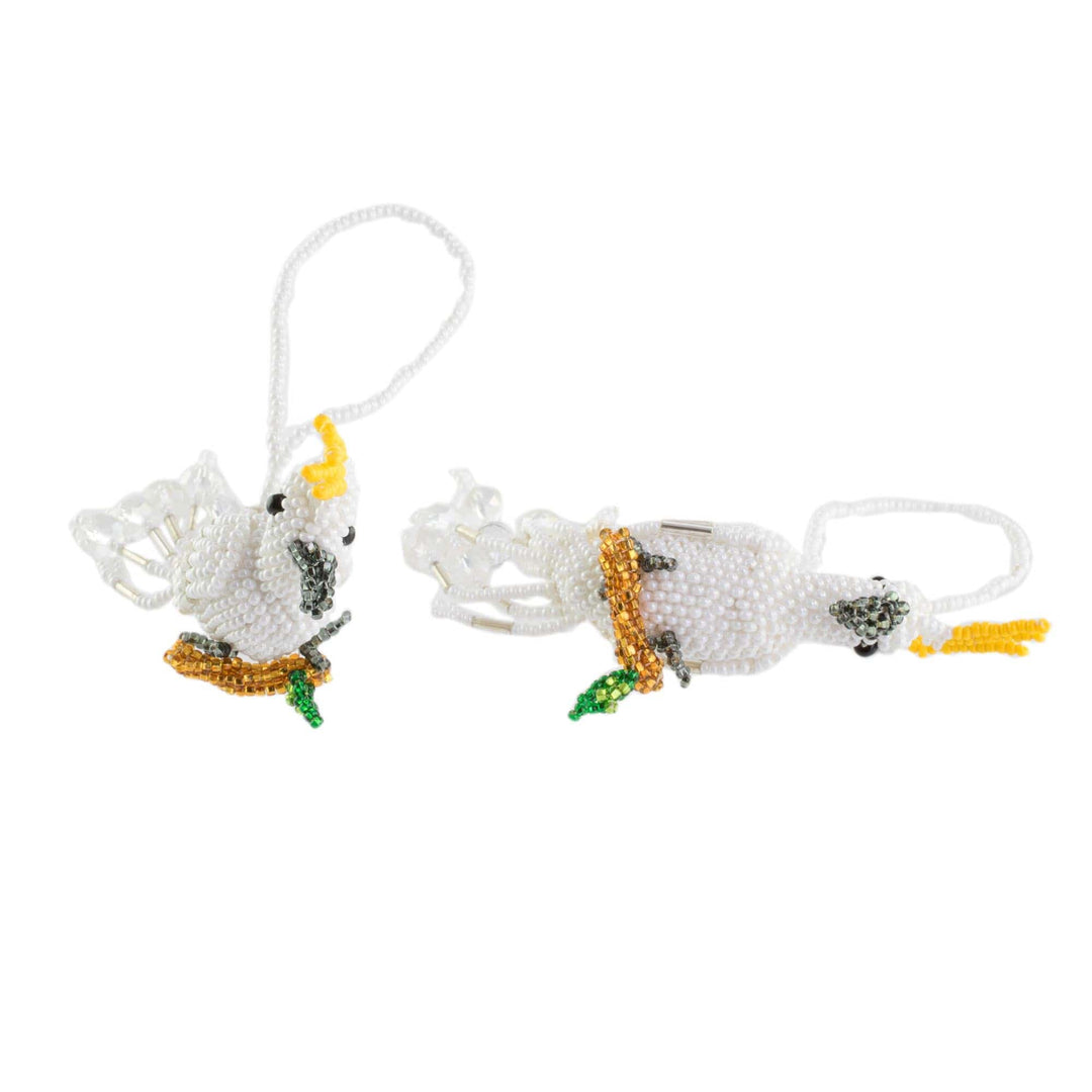 Glass Beaded White Cockatoo Ornaments from Guatemala (Pair) - White Cockatoos