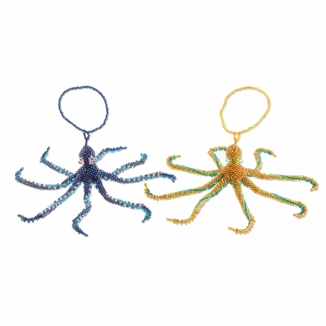 Hand-Beaded Glass Octopus Ornaments (Pair) - Marine Beauty