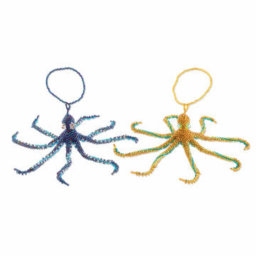 Hand-Beaded Glass Octopus Ornaments (Pair) - Marine Beauty