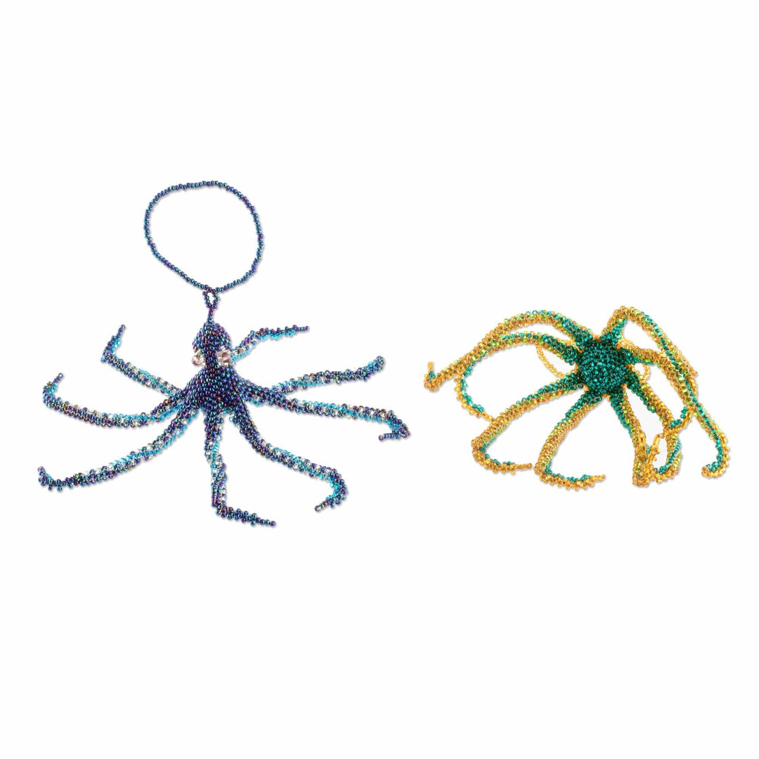 Hand-Beaded Glass Octopus Ornaments (Pair) - Marine Beauty