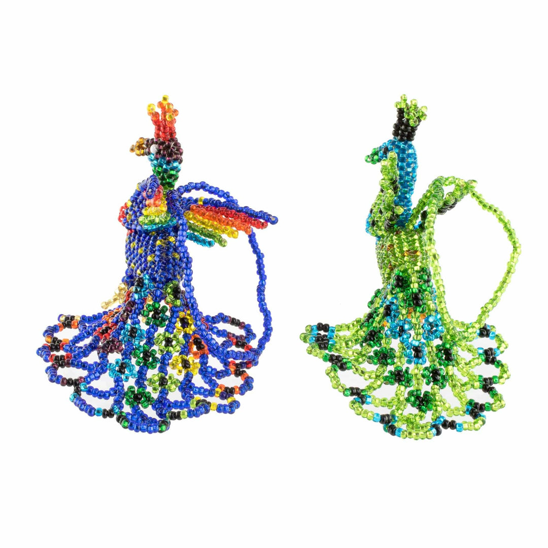 Hand-Beaded Glass Peacock Ornaments from Guatemala (Pair) - Real Beauty