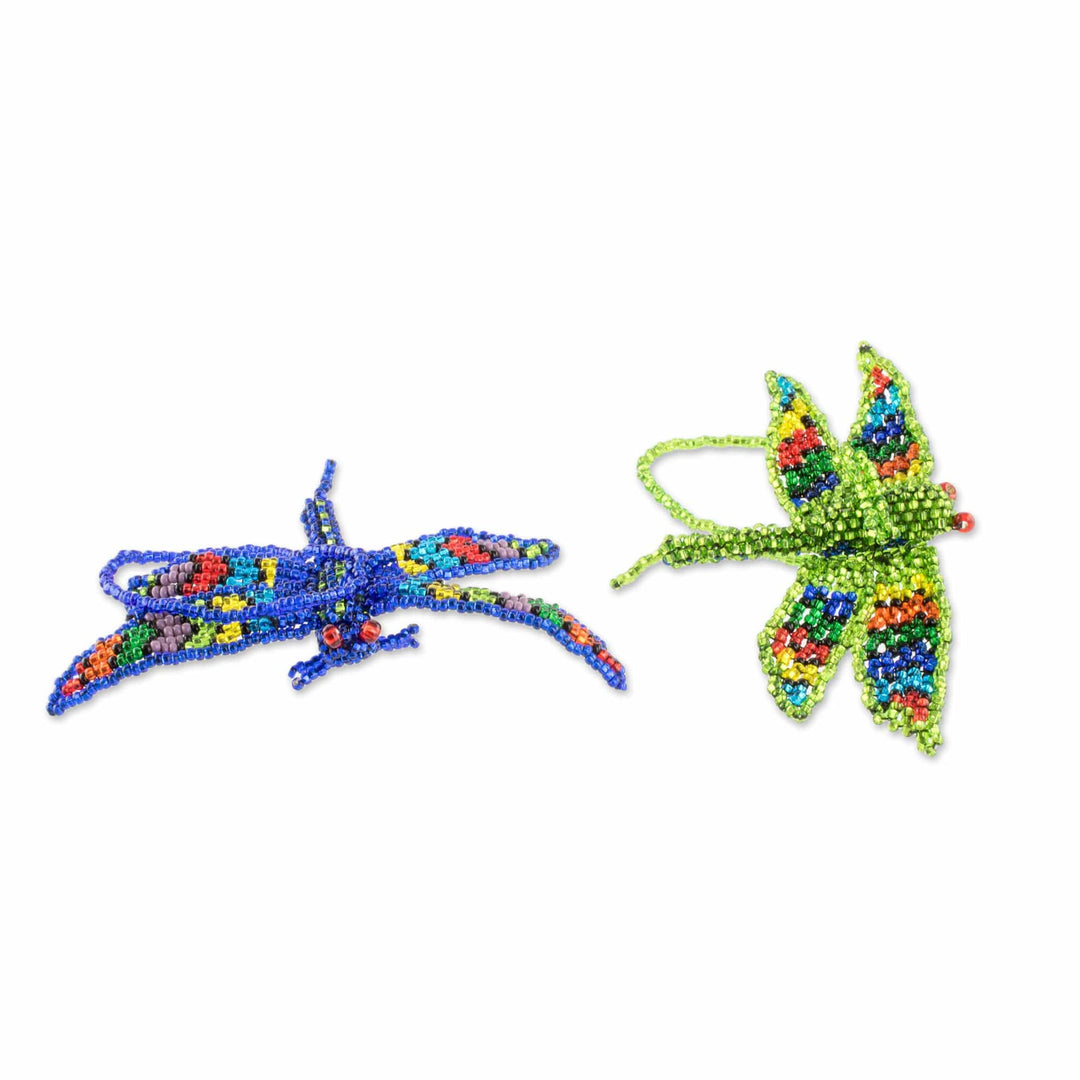 Hand-Beaded Glass Dragonfly Ornaments (Pair) - Free Flight