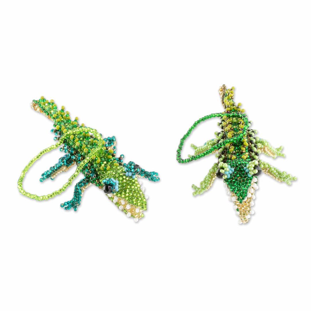 Green Glass Beaded Crocodile Ornaments from Guatemala (Pair) - Green Crocodiles