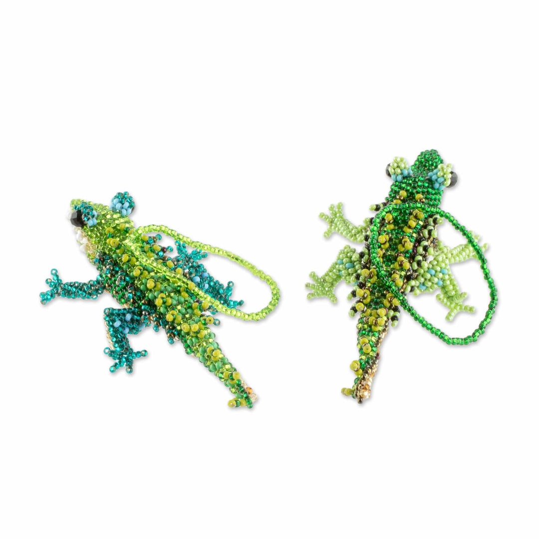 Green Glass Beaded Crocodile Ornaments from Guatemala (Pair) - Green Crocodiles
