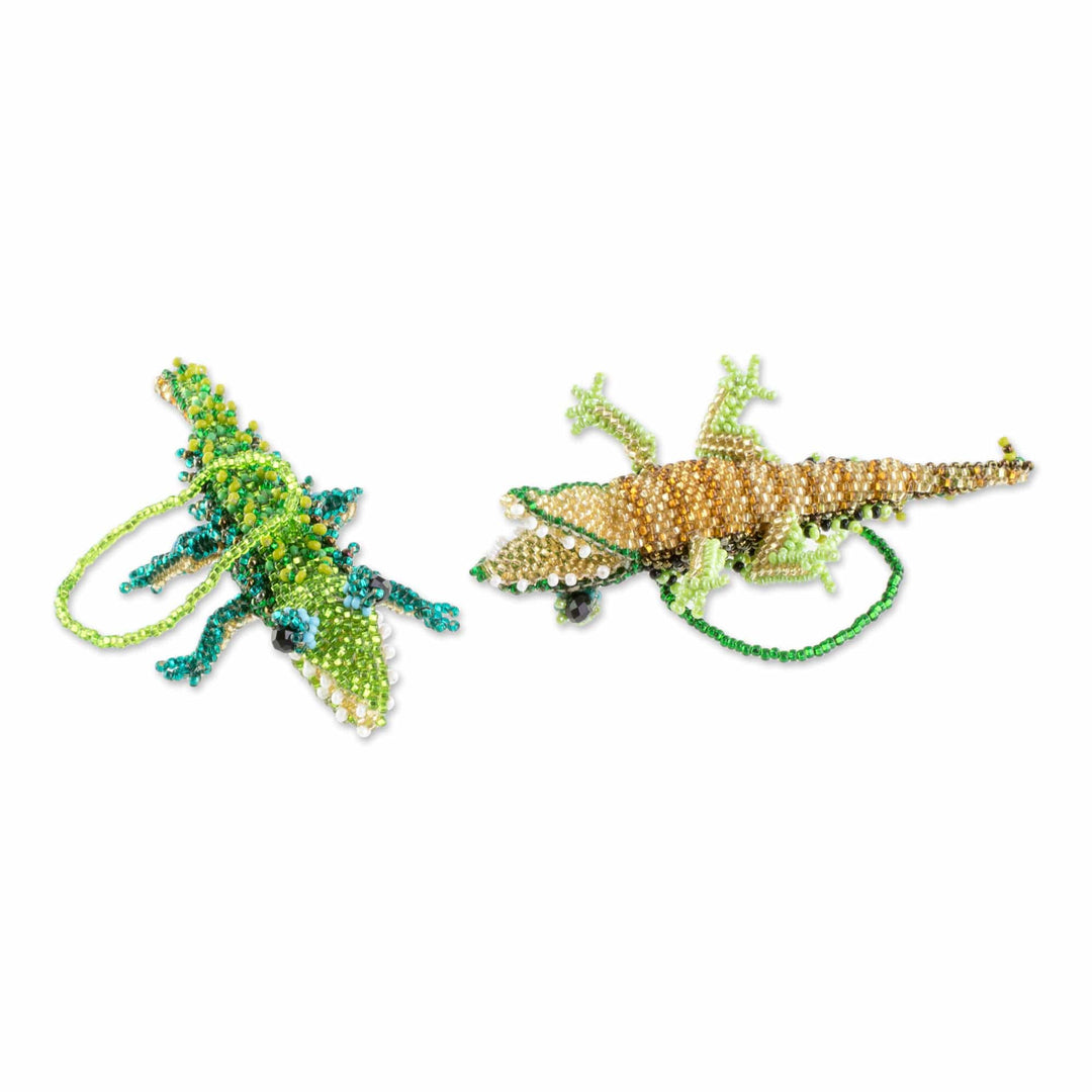 Green Glass Beaded Crocodile Ornaments from Guatemala (Pair) - Green Crocodiles