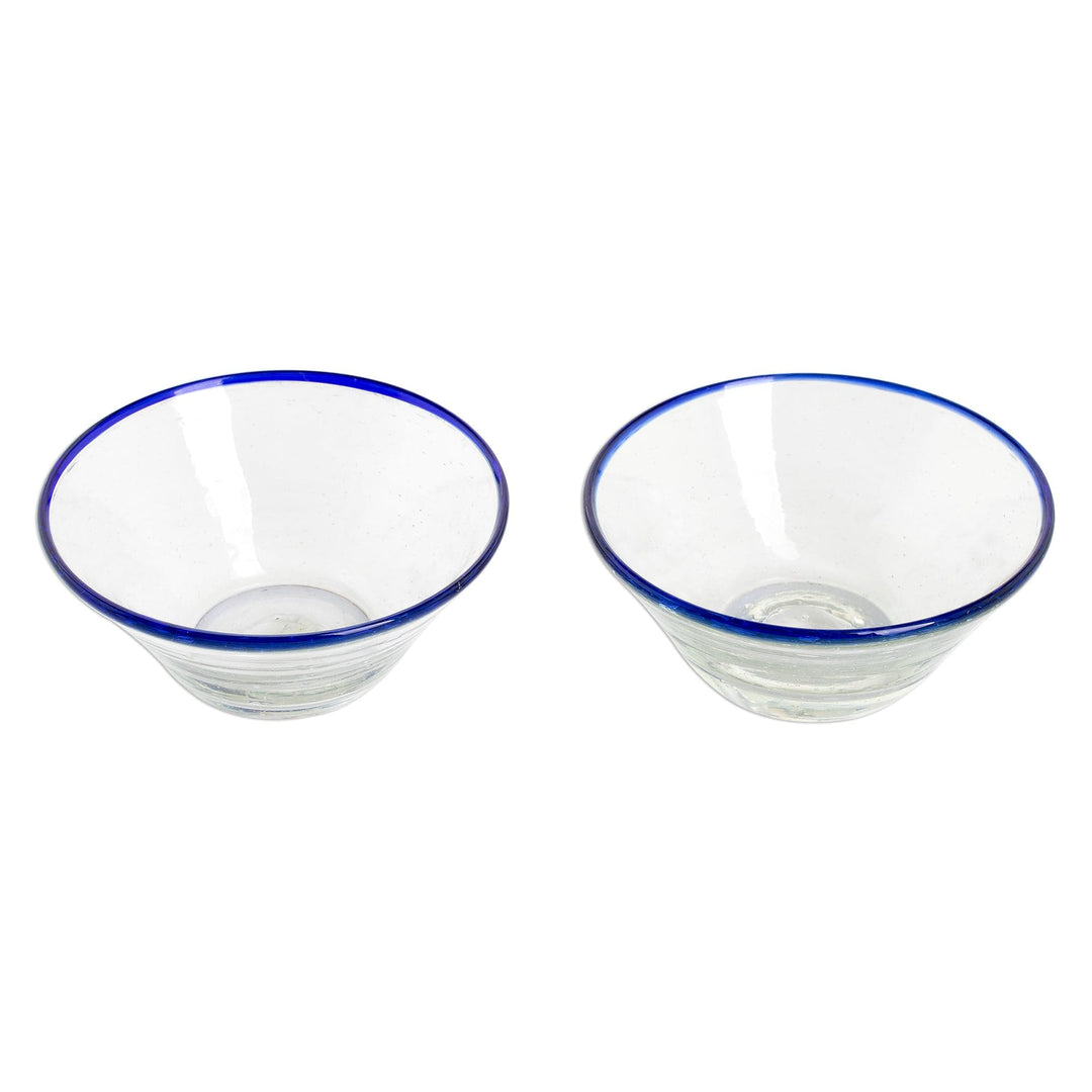 Handblown Recycled Glass Blue Rim Desert Bowls (Pair) - Icy Sweet