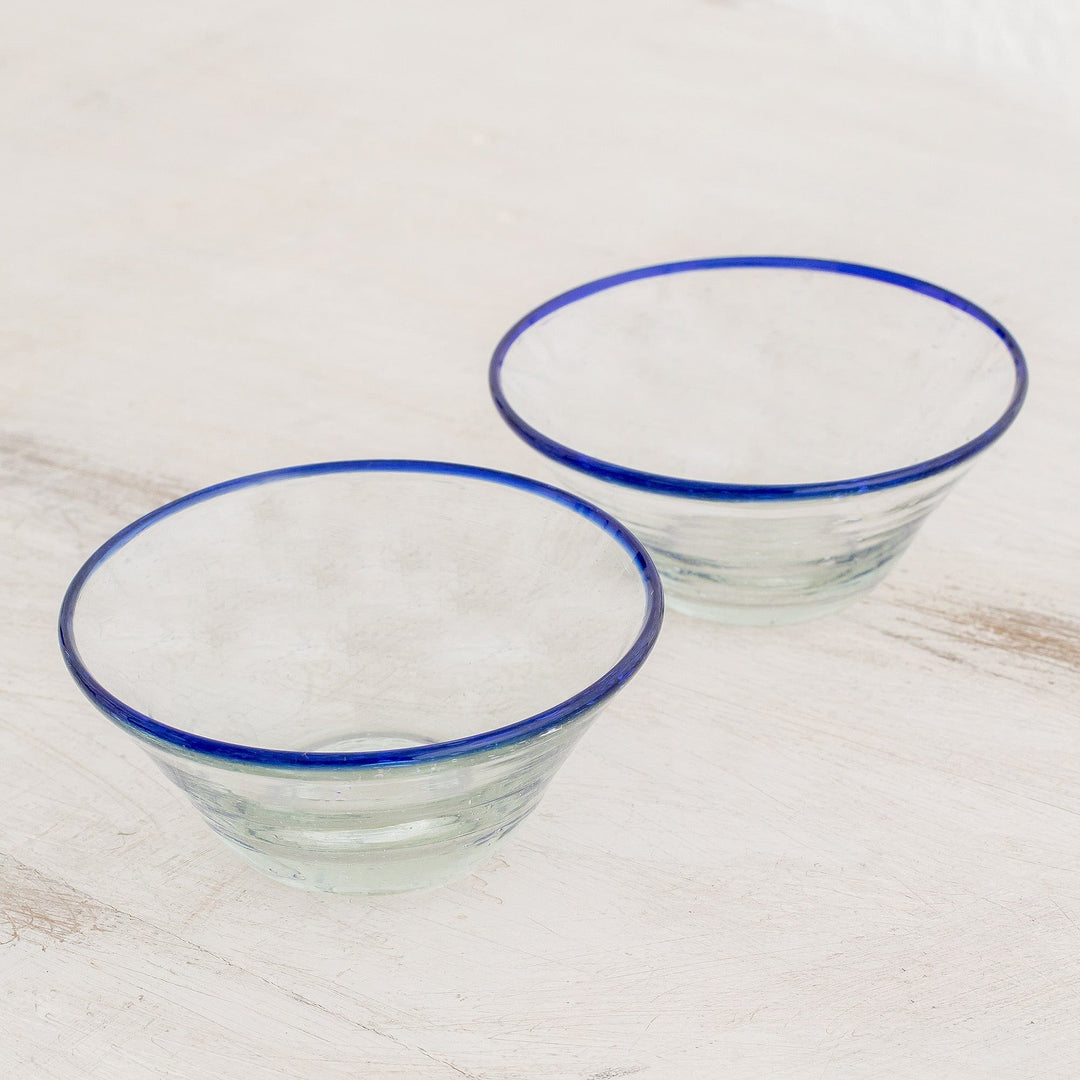 Handblown Recycled Glass Blue Rim Desert Bowls (Pair) - Icy Sweet