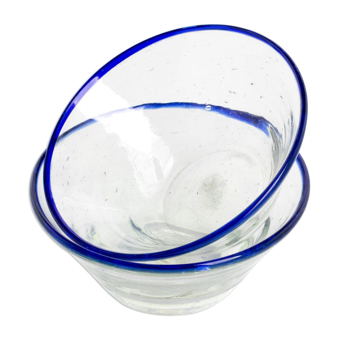 Handblown Recycled Glass Blue Rim Desert Bowls (Pair) - Icy Sweet