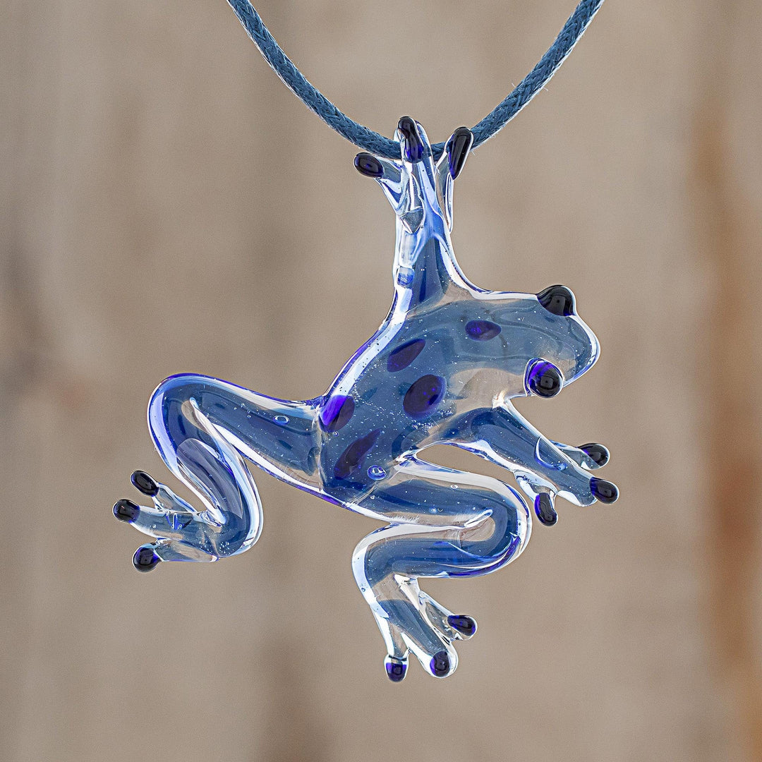 Blue with Black Spots Handblown Glass Frog Pendant Necklace - Speckled Frog