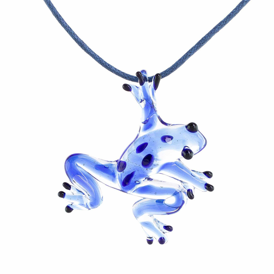 Blue with Black Spots Handblown Glass Frog Pendant Necklace - Speckled Frog