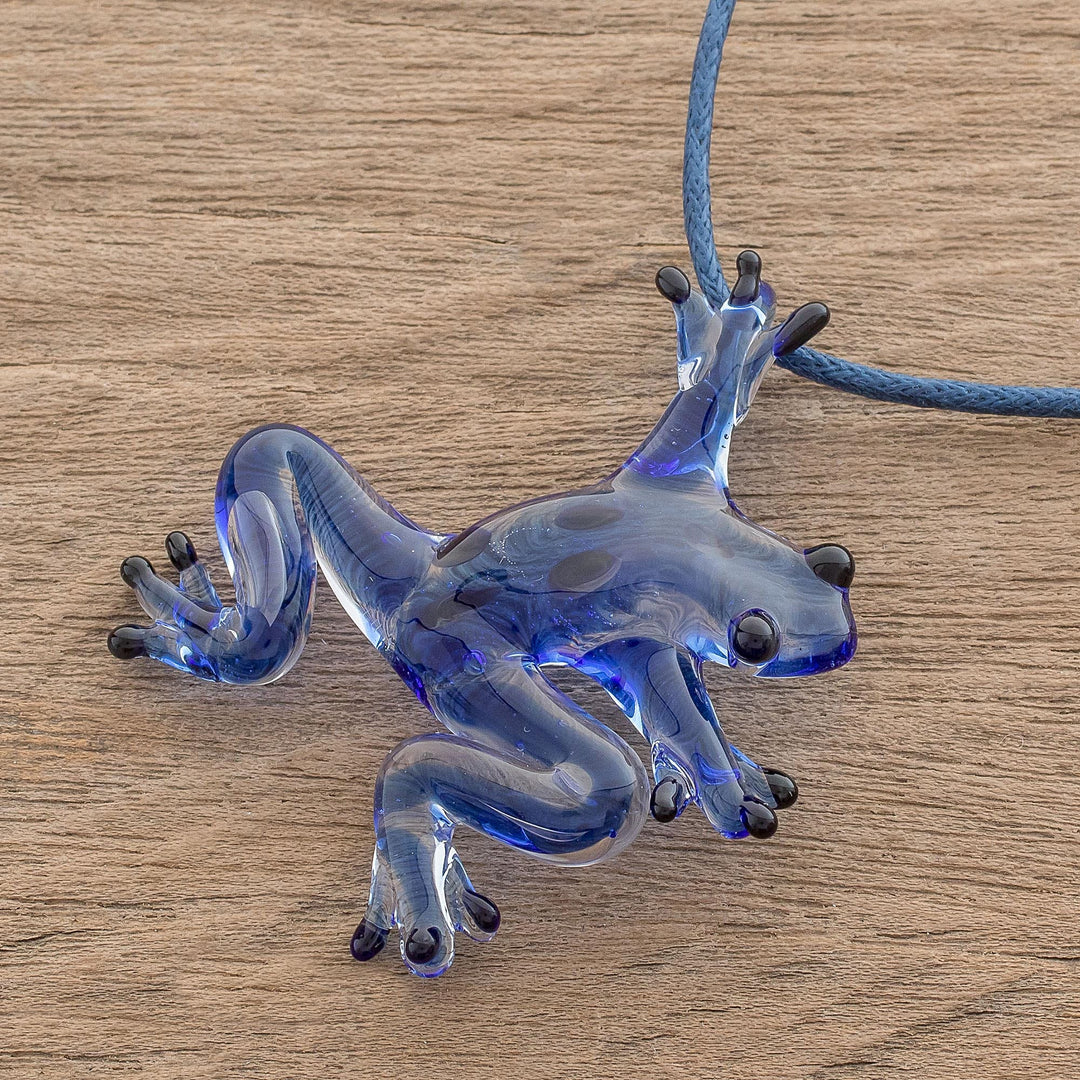 Blue with Black Spots Handblown Glass Frog Pendant Necklace - Speckled Frog