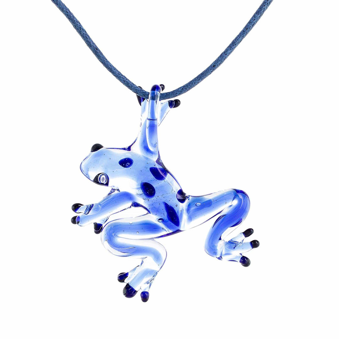Blue with Black Spots Handblown Glass Frog Pendant Necklace - Speckled Frog