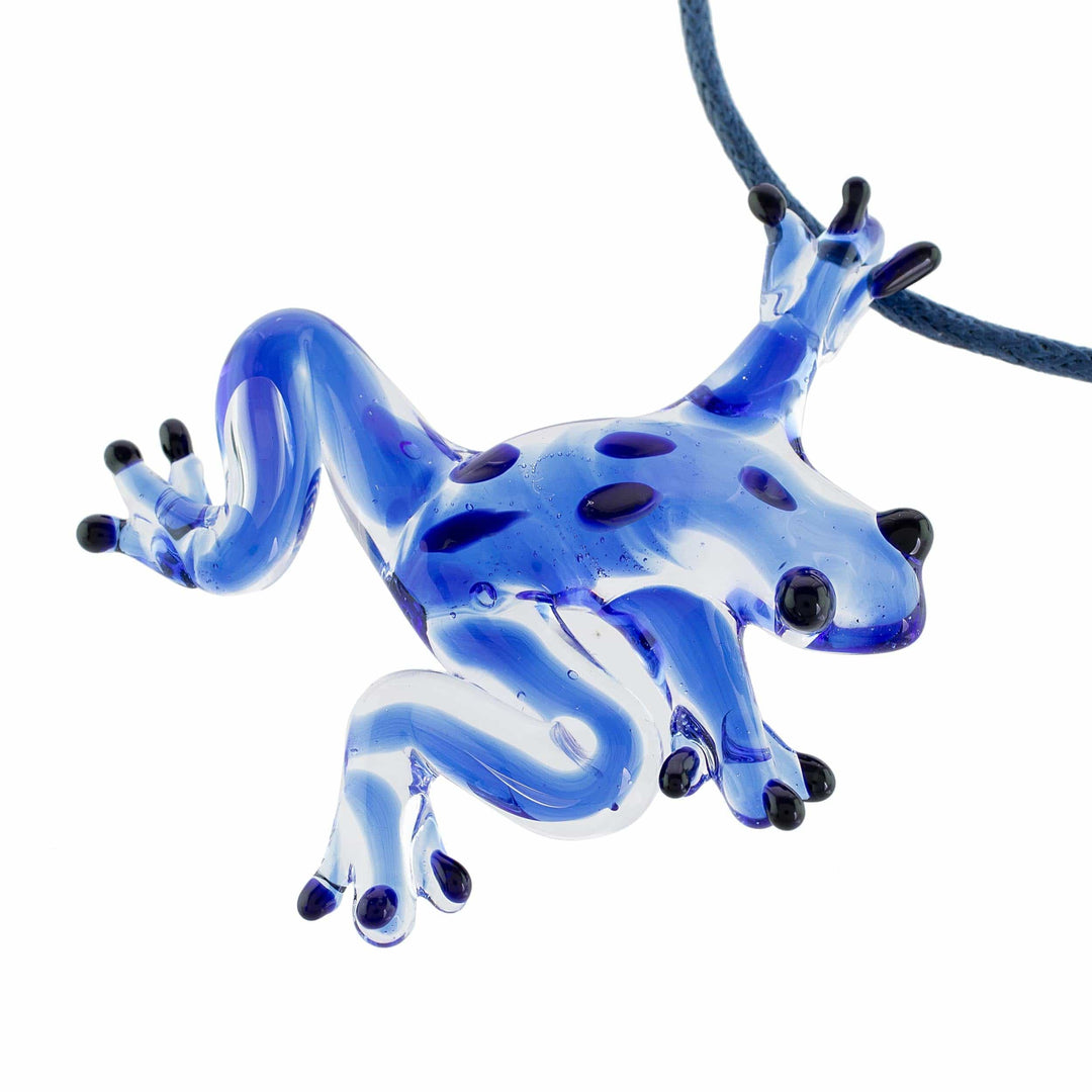 Blue with Black Spots Handblown Glass Frog Pendant Necklace - Speckled Frog