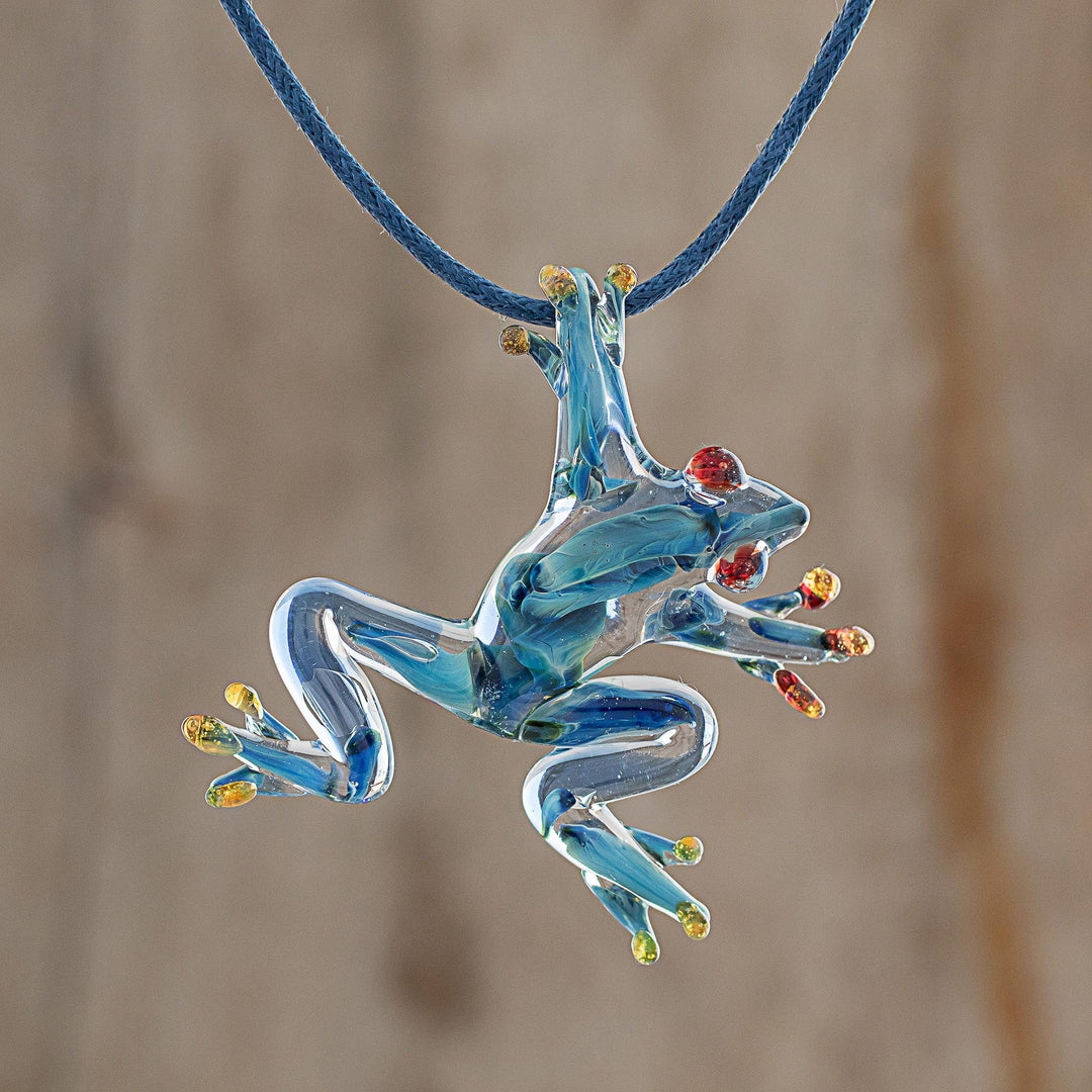 Blue with Red Accents Handblown Glass Frog Pendant Necklace - Red-Eyed Frog