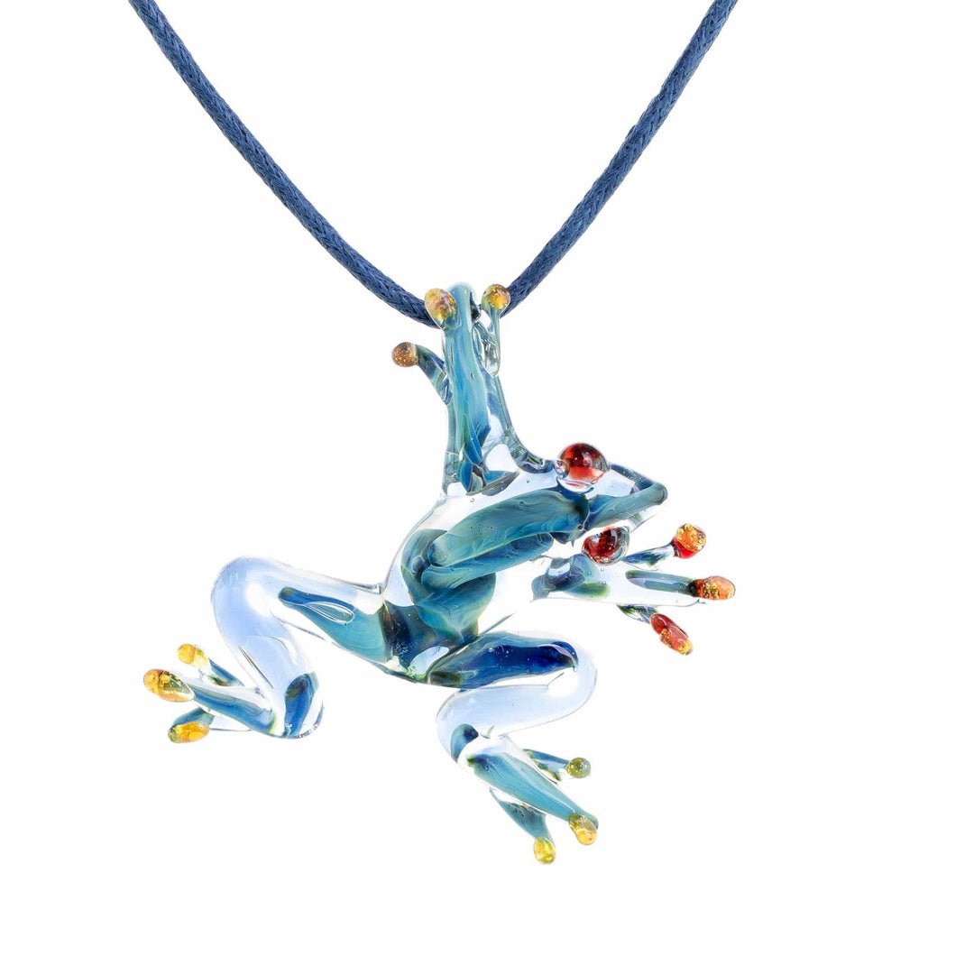 Blue with Red Accents Handblown Glass Frog Pendant Necklace - Red-Eyed Frog