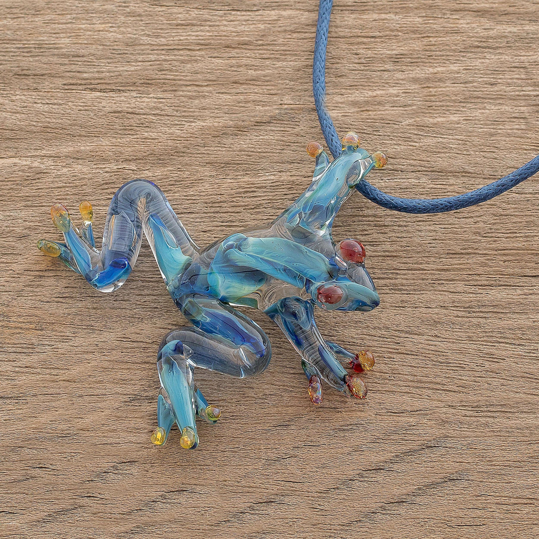 Blue with Red Accents Handblown Glass Frog Pendant Necklace - Red-Eyed Frog