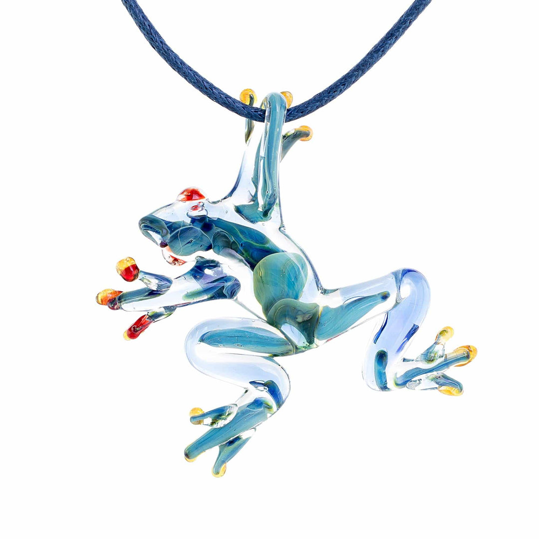 Blue with Red Accents Handblown Glass Frog Pendant Necklace - Red-Eyed Frog