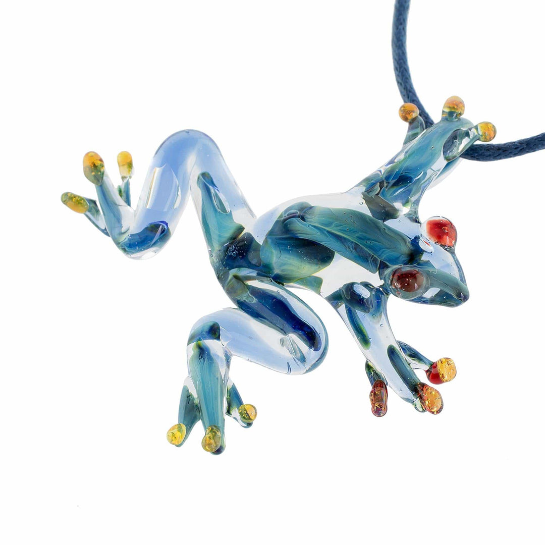 Blue with Red Accents Handblown Glass Frog Pendant Necklace - Red-Eyed Frog