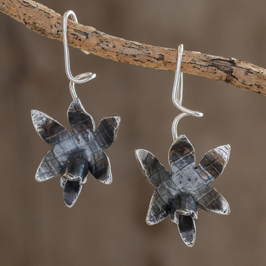 Oxidized Sterling Silver Orchid Drop Earrings - Fascinating Dark Orchids