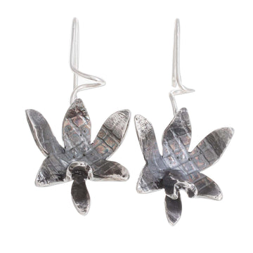 Oxidized Sterling Silver Orchid Drop Earrings - Fascinating Dark Orchids