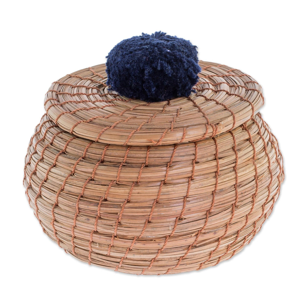 Handmade Pine Needle Basket with a Navy Cotton Pompom - Natural Enchantment in Navy